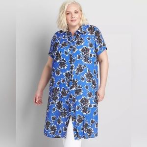 Lane Bryant NWOT 18/20 Short Sleeve Button Down Tunic Blue Black Floral Plus